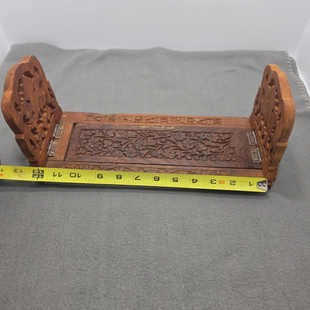 Vintage Hand Carved Floral Wood Book Slide Expandable Folding Desk Bookends B